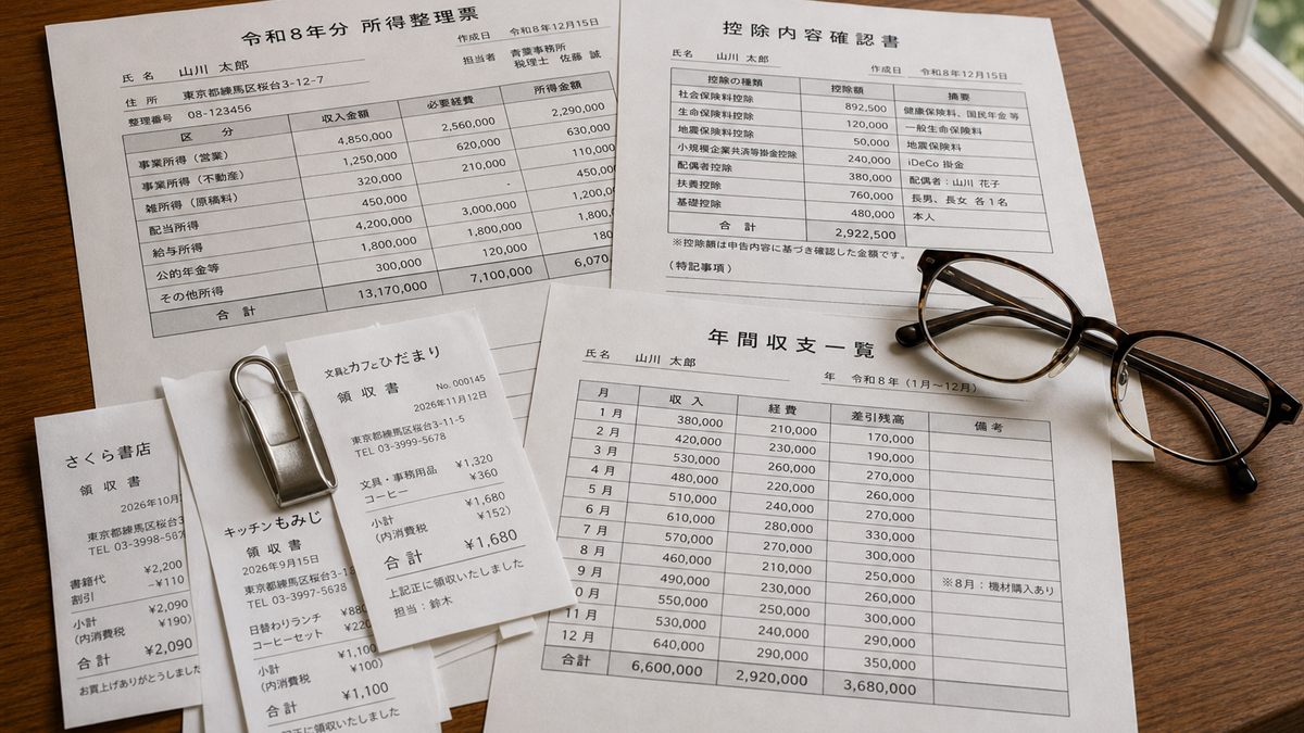 税の書類と領収書をまとめた机の上
