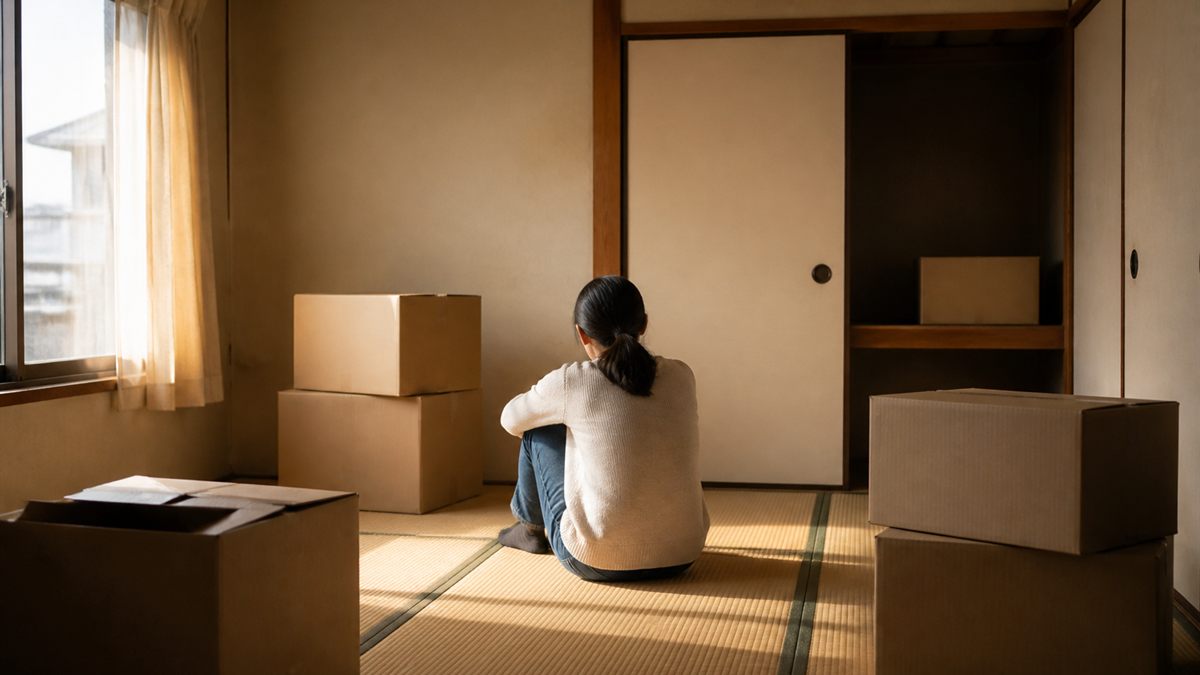 段ボールに囲まれた和室に一人で座る後ろ姿