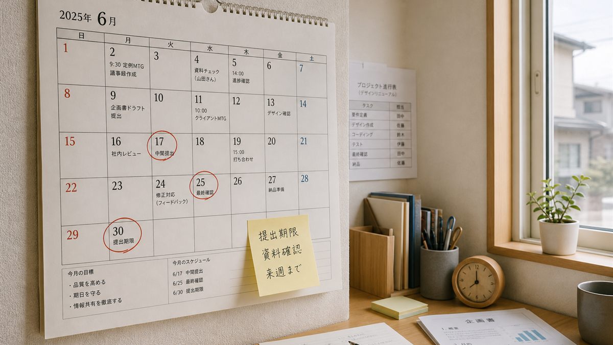 日付に赤い印を付けた壁掛けカレンダー
