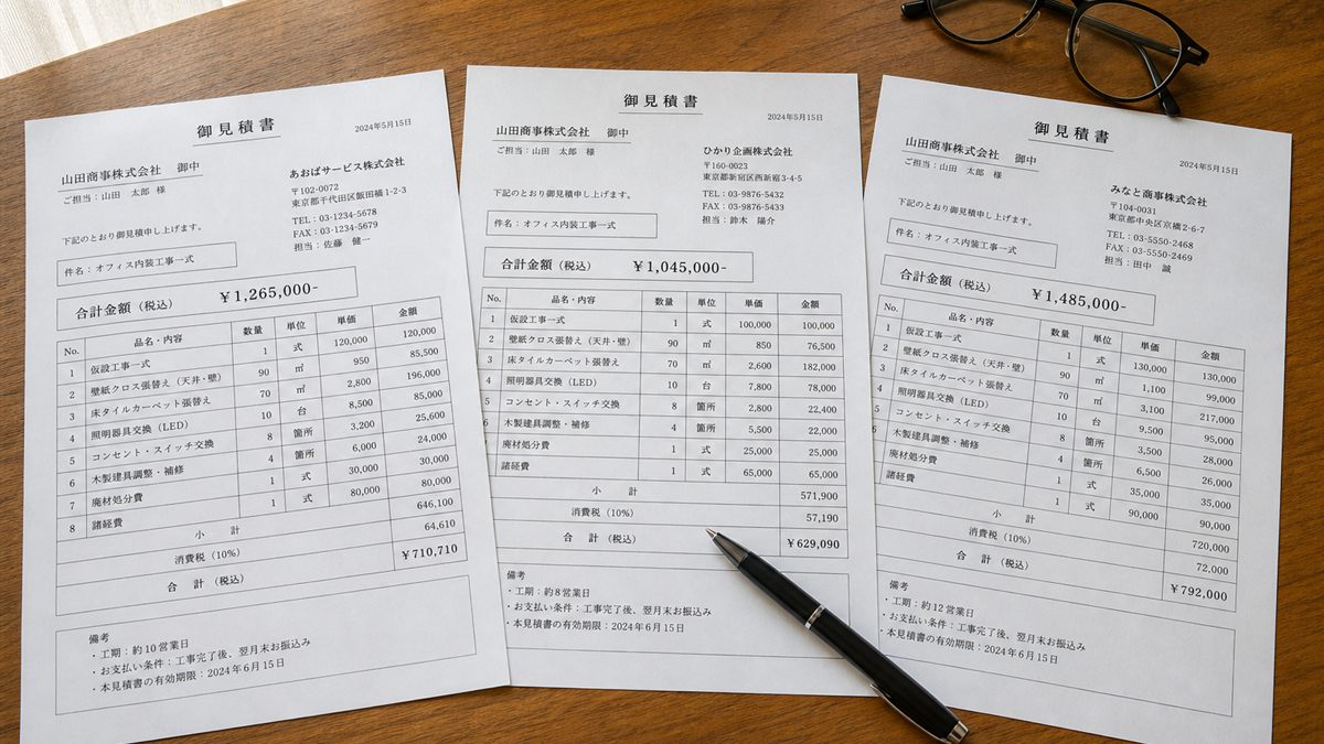 3社の見積書を並べて比べる机の上