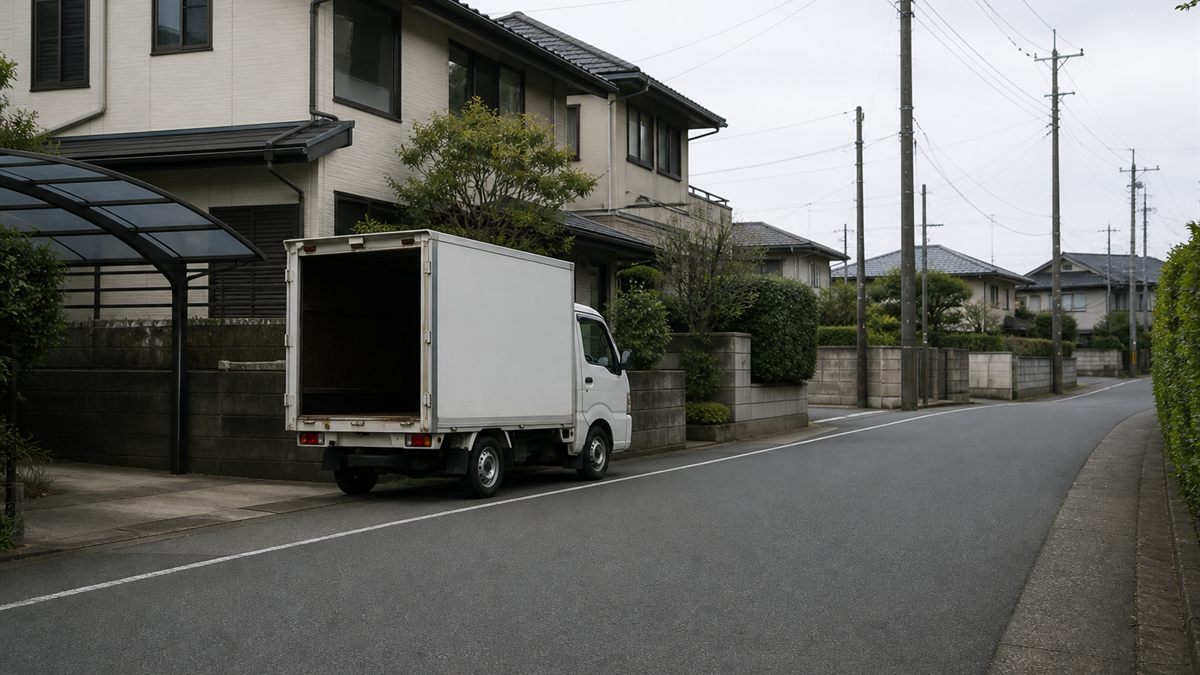 住宅街に停まった社名のない回収トラック