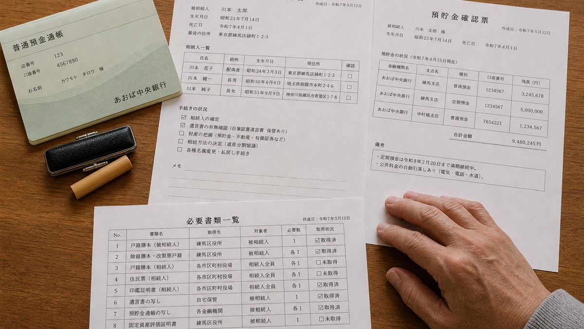 通帳と印鑑、相続の書類を並べた机の上