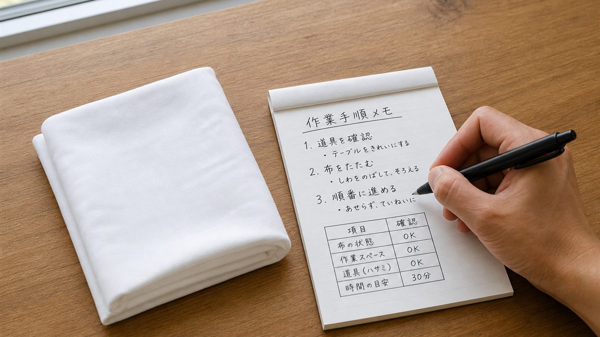 手順を書き出したメモと白い布