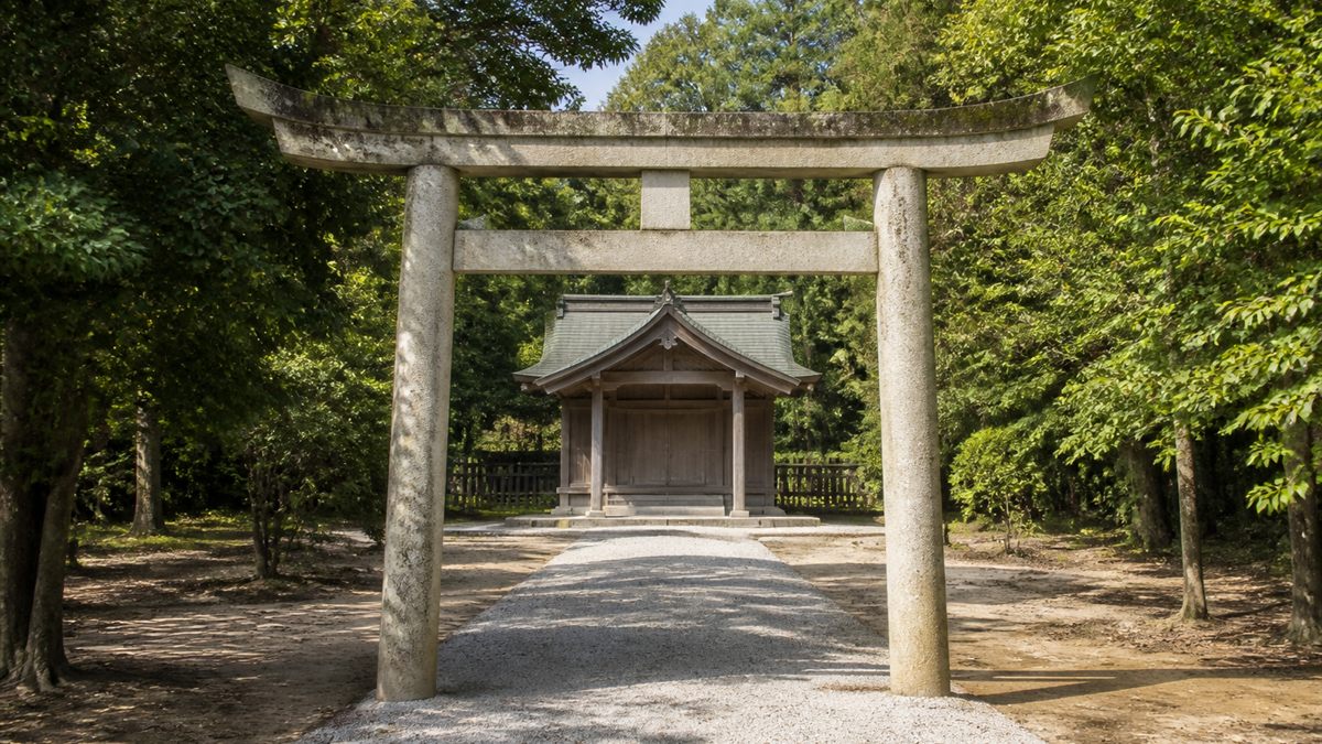 石の鳥居が立つ神社の参道