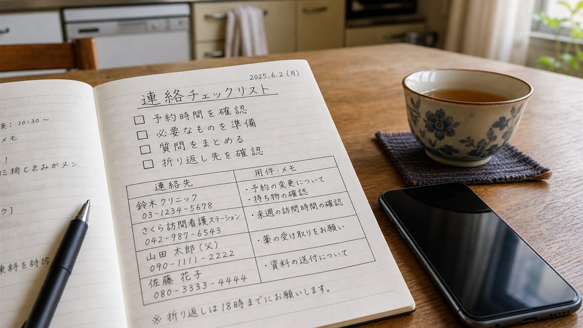 確認事項を書いたノートと携帯電話