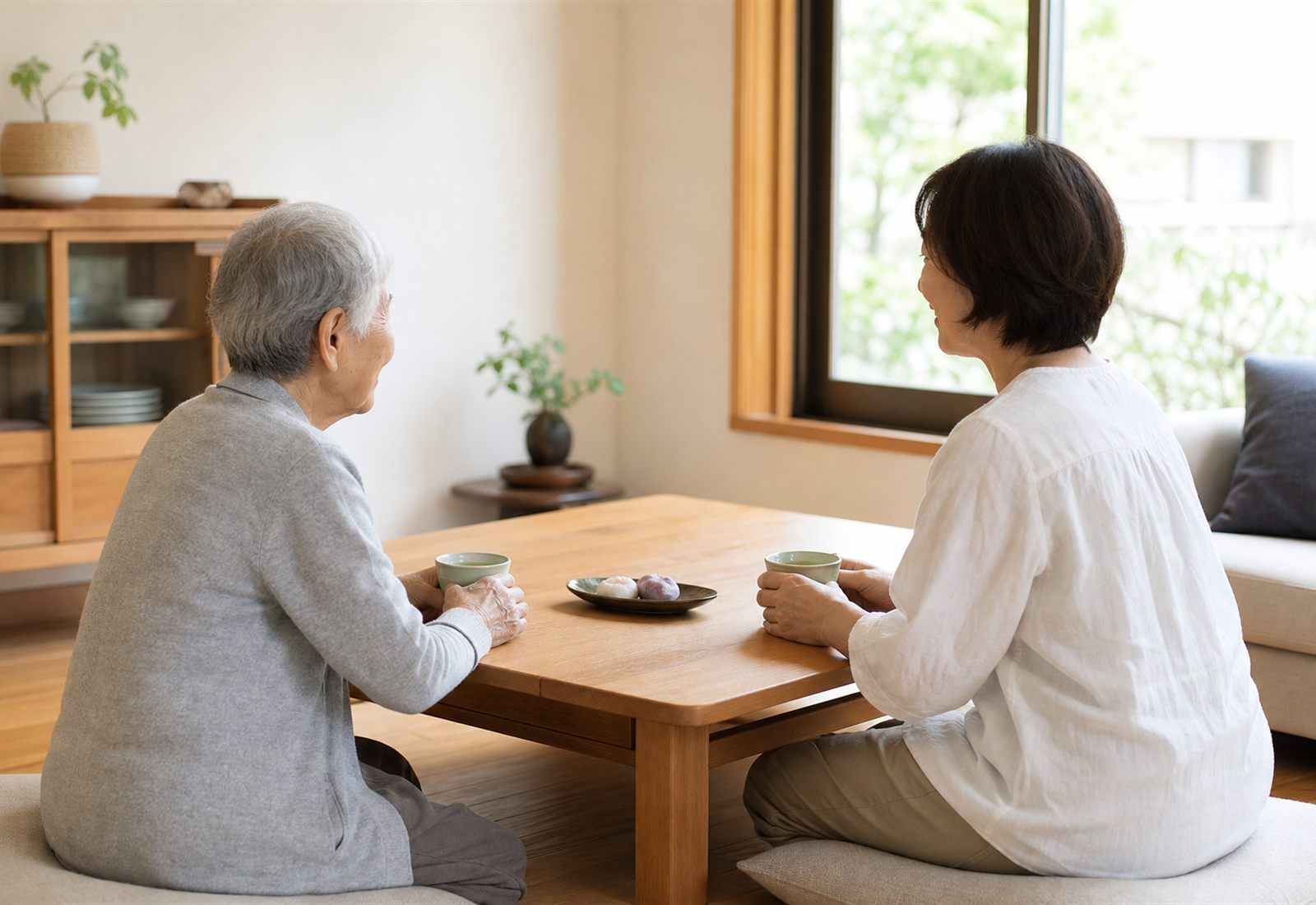 実家の居間でお茶を飲みながら静かに話す高齢の親と50代の子