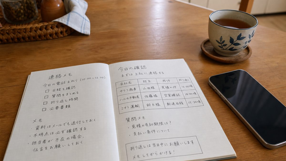 確認事項を書いたノートと携帯電話