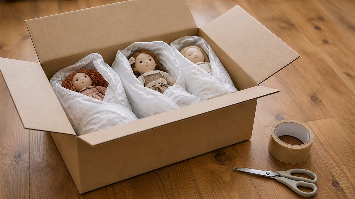 人形を包んで詰めた段ボール箱