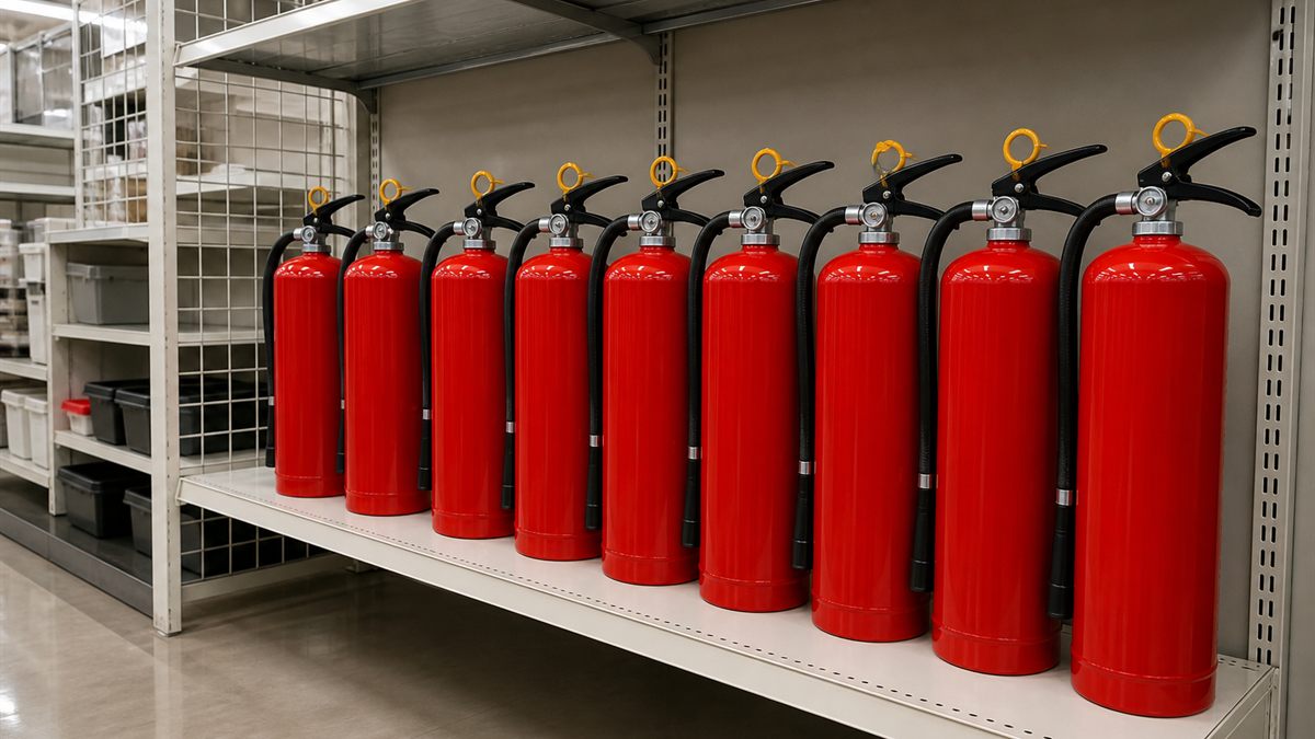 消火器が並ぶ売り場の棚