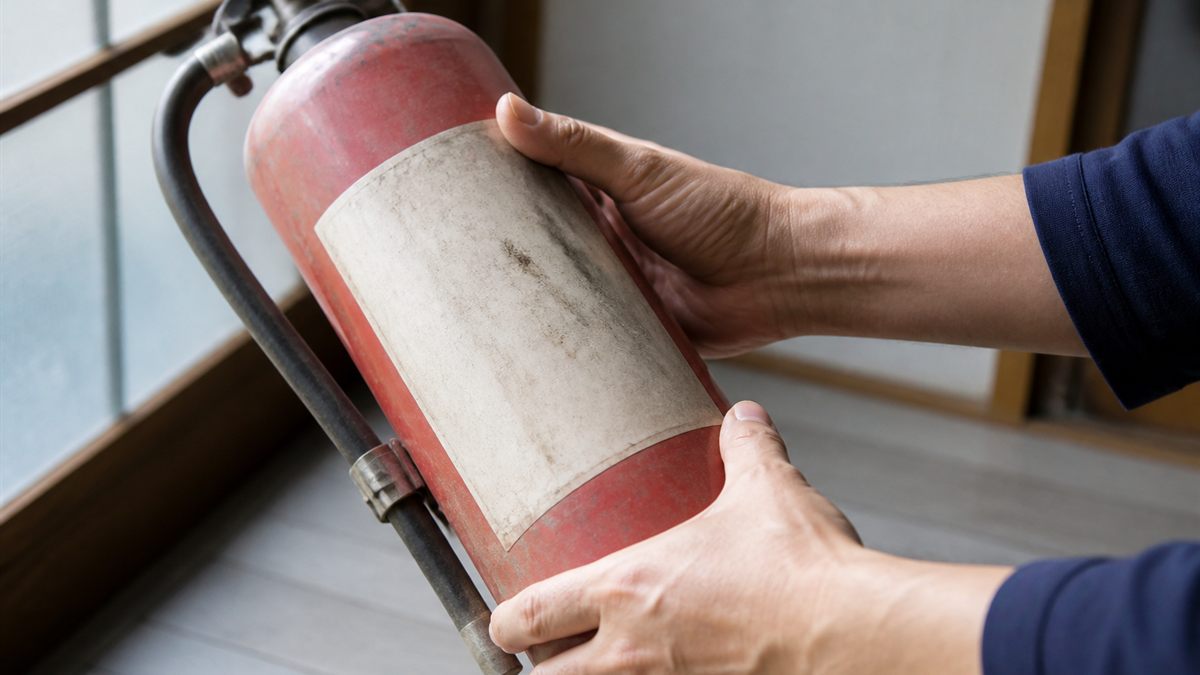 消火器のラベルを確かめる