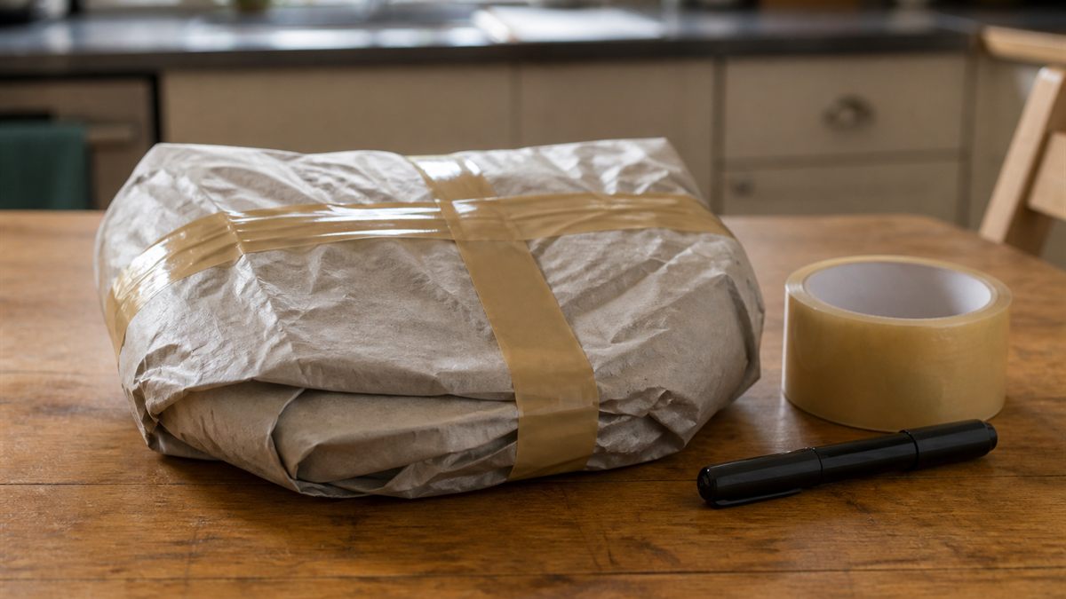 紙で包んでテープで留めた割れた器