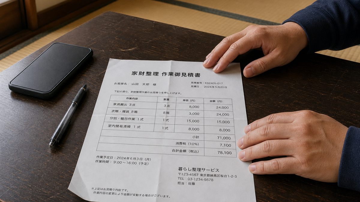 片付けの見積書の見本を広げて内容を確かめる手元（記載内容は架空）
