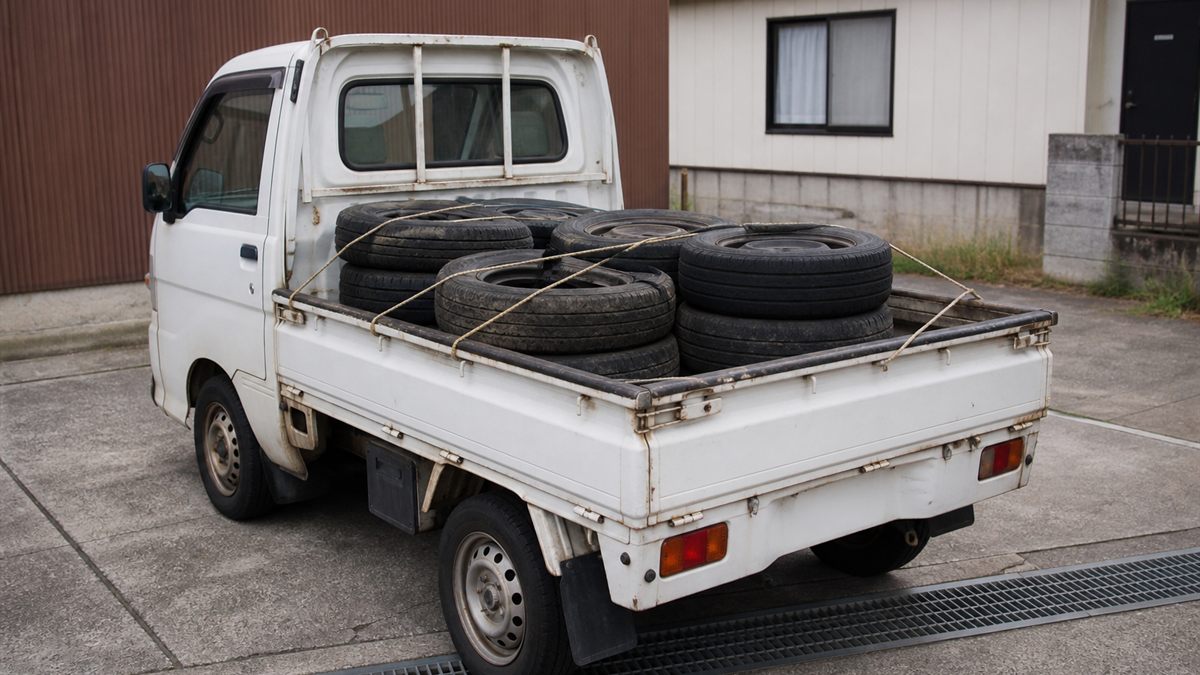 軽トラックの荷台に積まれたタイヤ