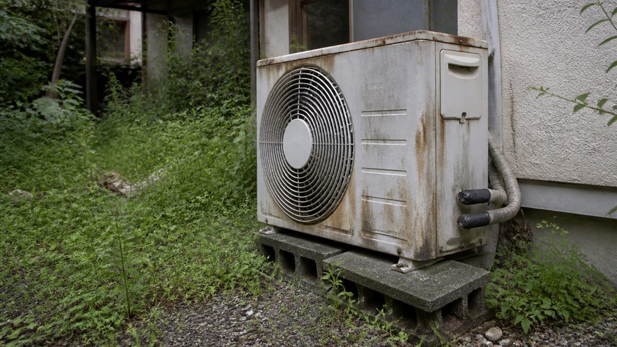 空き家の庭にひとつだけ残された室外機