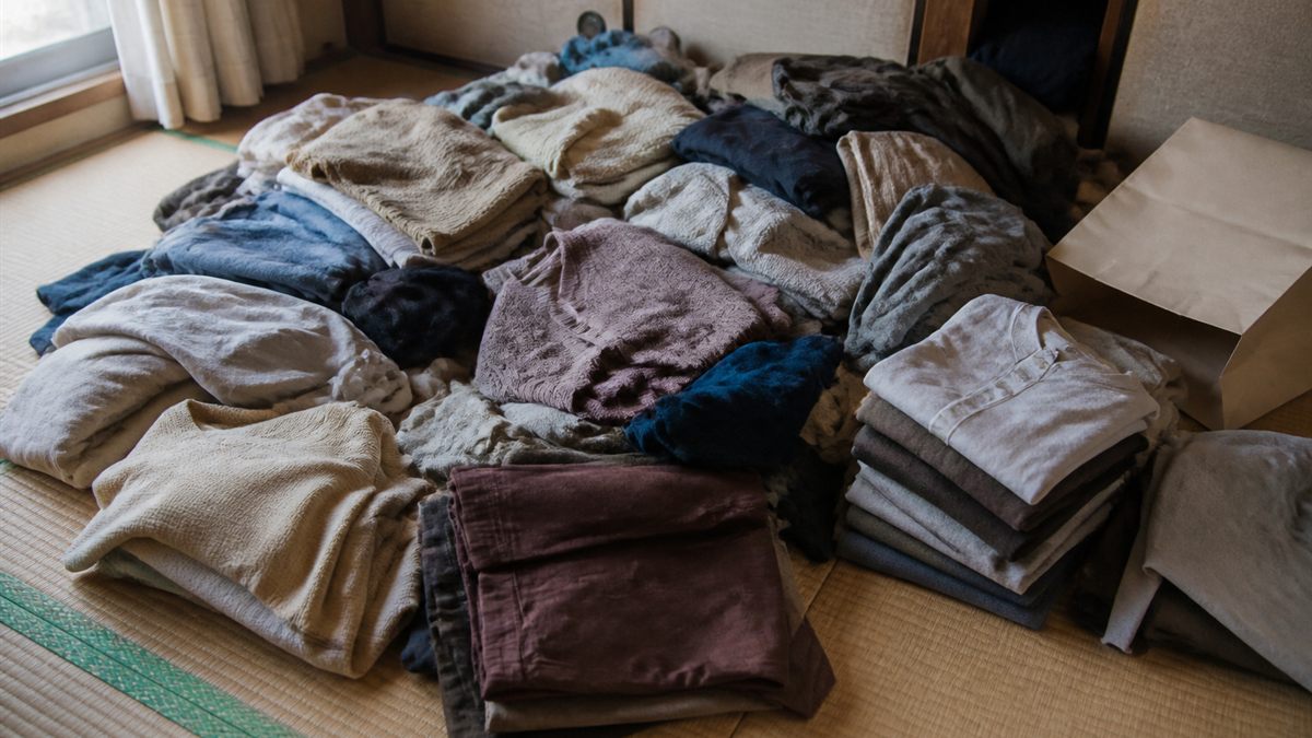 押し入れから出して畳の上に広げた大量の衣類