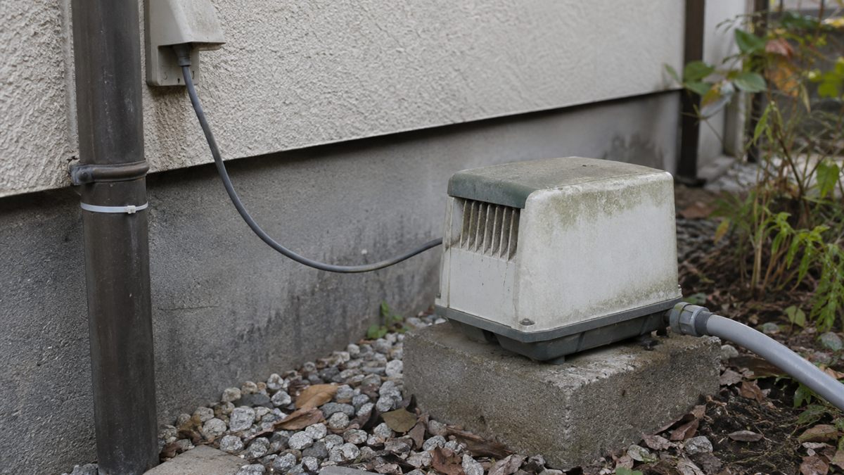 住宅の基礎脇にコンクリートブロックを置いて据えた浄化槽のブロワ