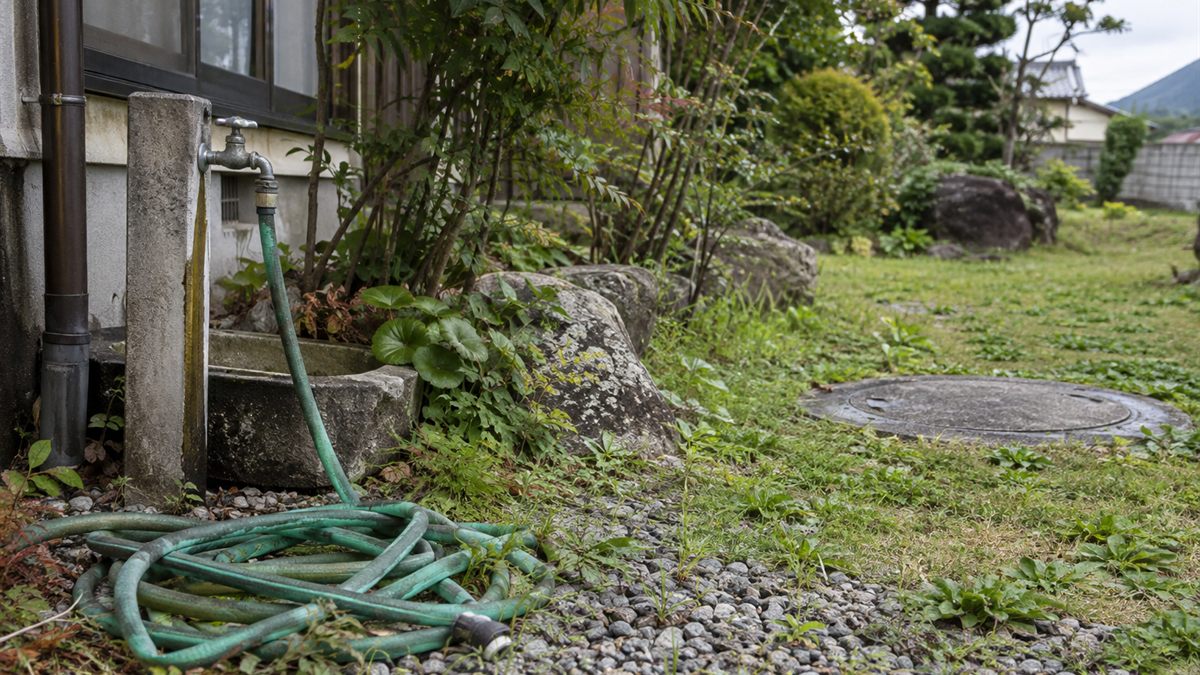 庭の水栓とホース、奥の芝生にある浄化槽の蓋