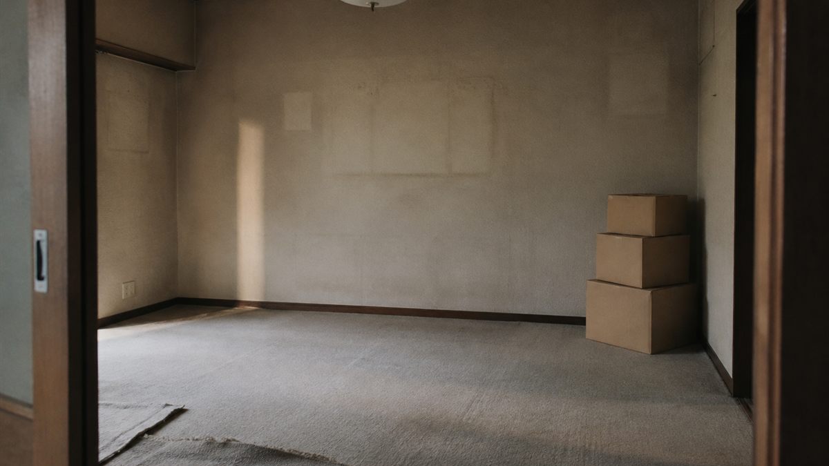 片付けの進んだ実家の部屋で、天井灯がまだ付いたままになっている様子