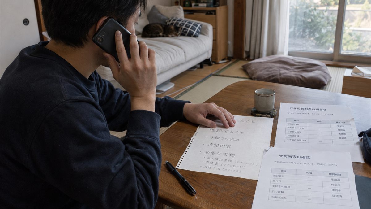 請求書とメモを手元に置いて電話で問い合わせている場面