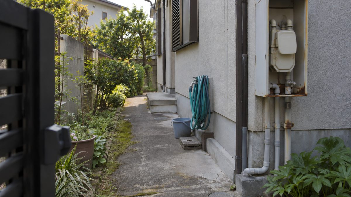 門扉から屋外のガスメーターまでの通路が分かる住宅の外観