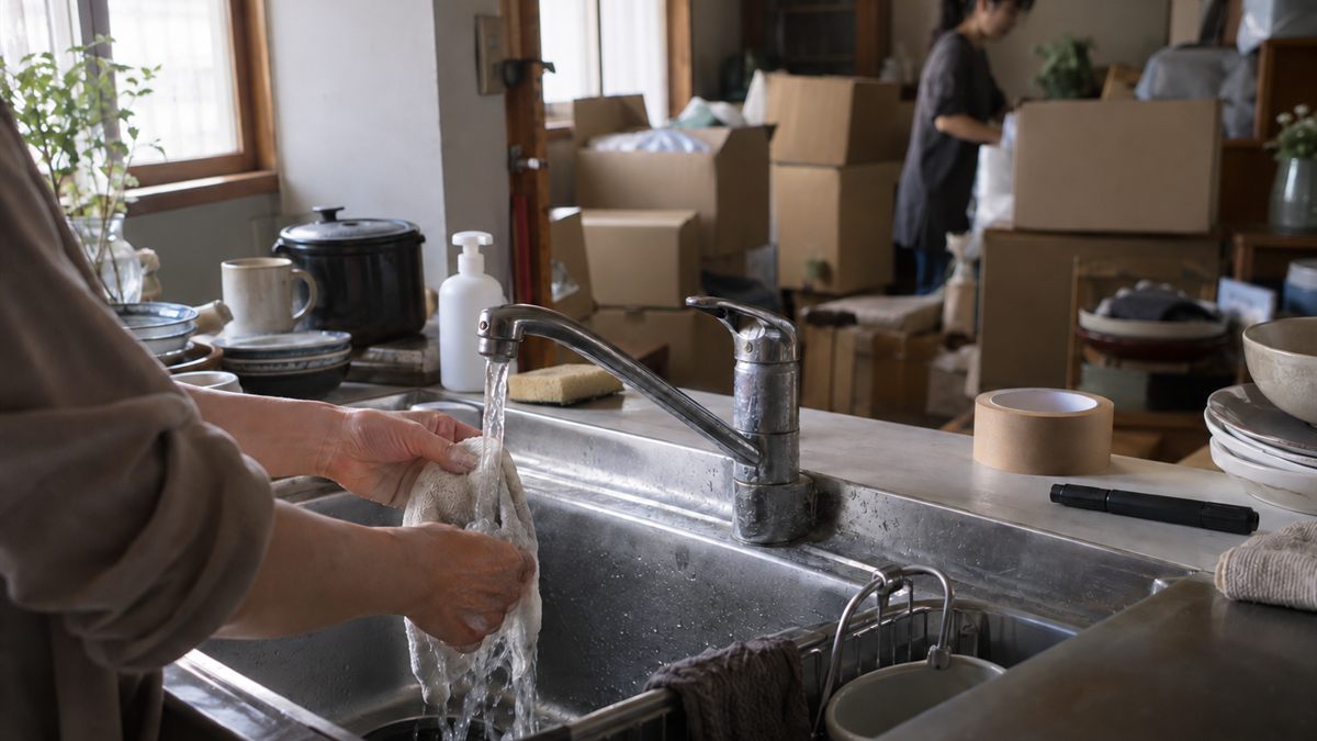 片付け途中の室内で水道を使って掃除をしている場面