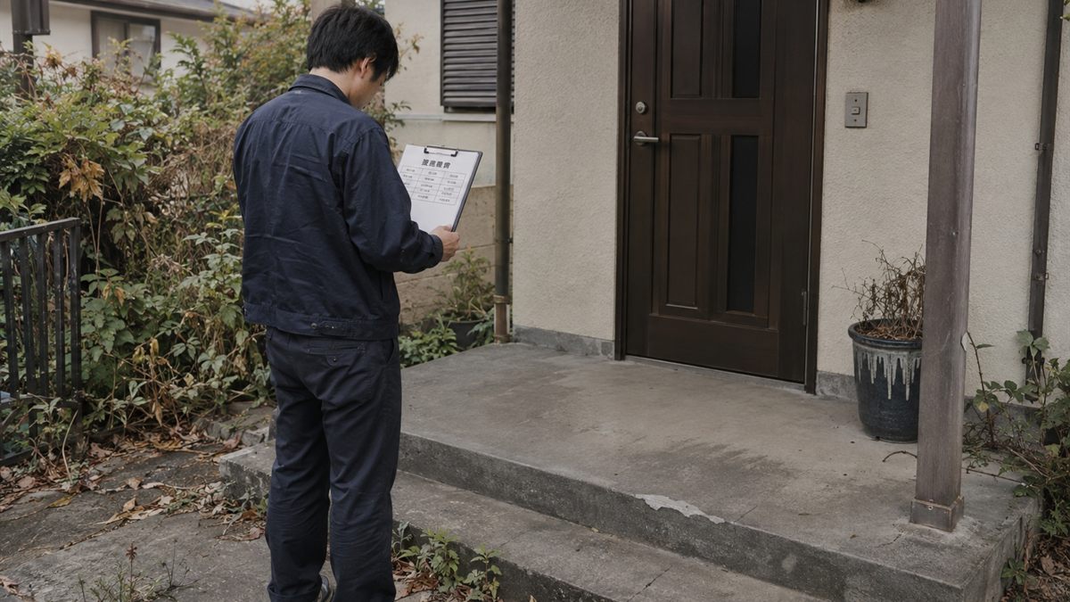 空き家の玄関先で予定を書き込んだ紙を見ている場面
