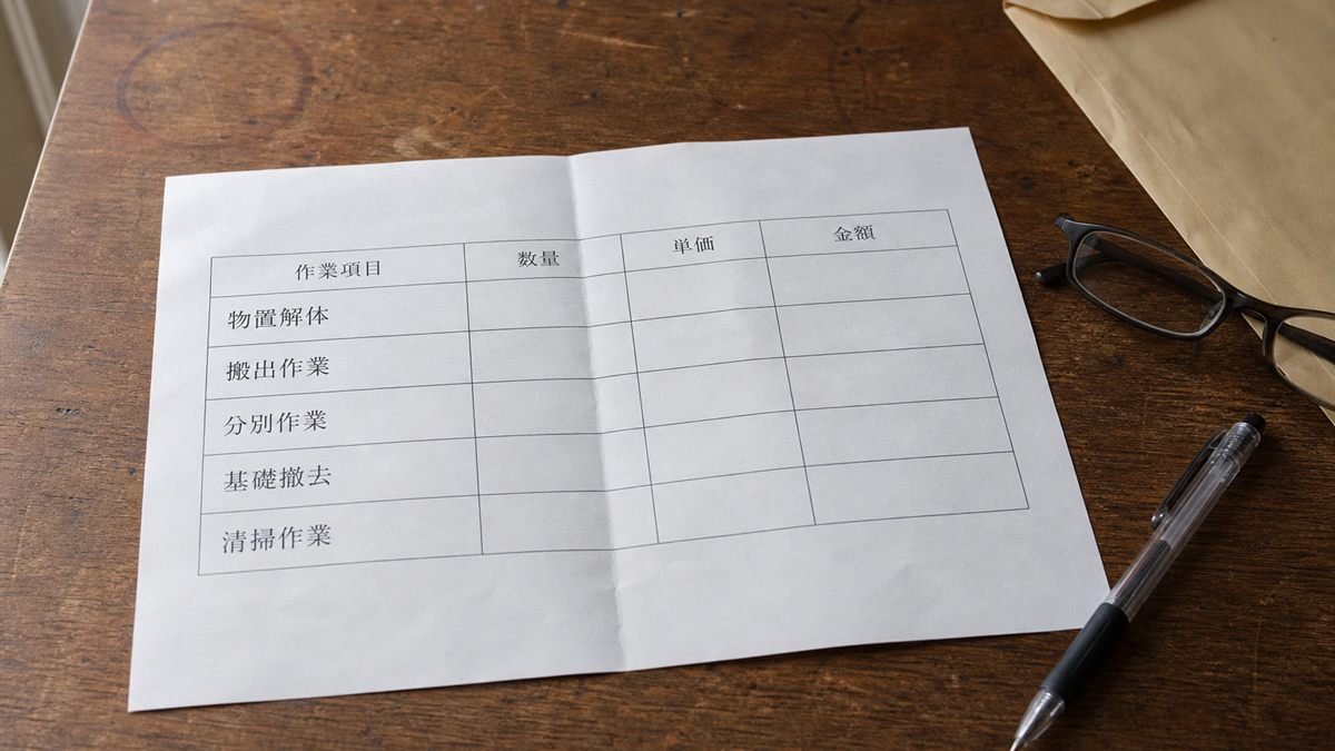 テーブルに広げた撤去工事の見積書