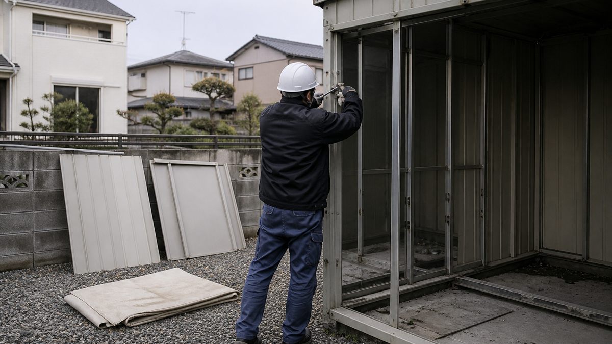 物置の解体作業をする職人の後ろ姿
