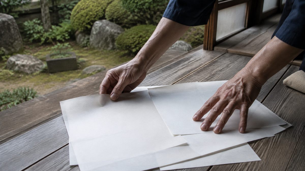 実家の縁側で書類を広げて確かめる手元