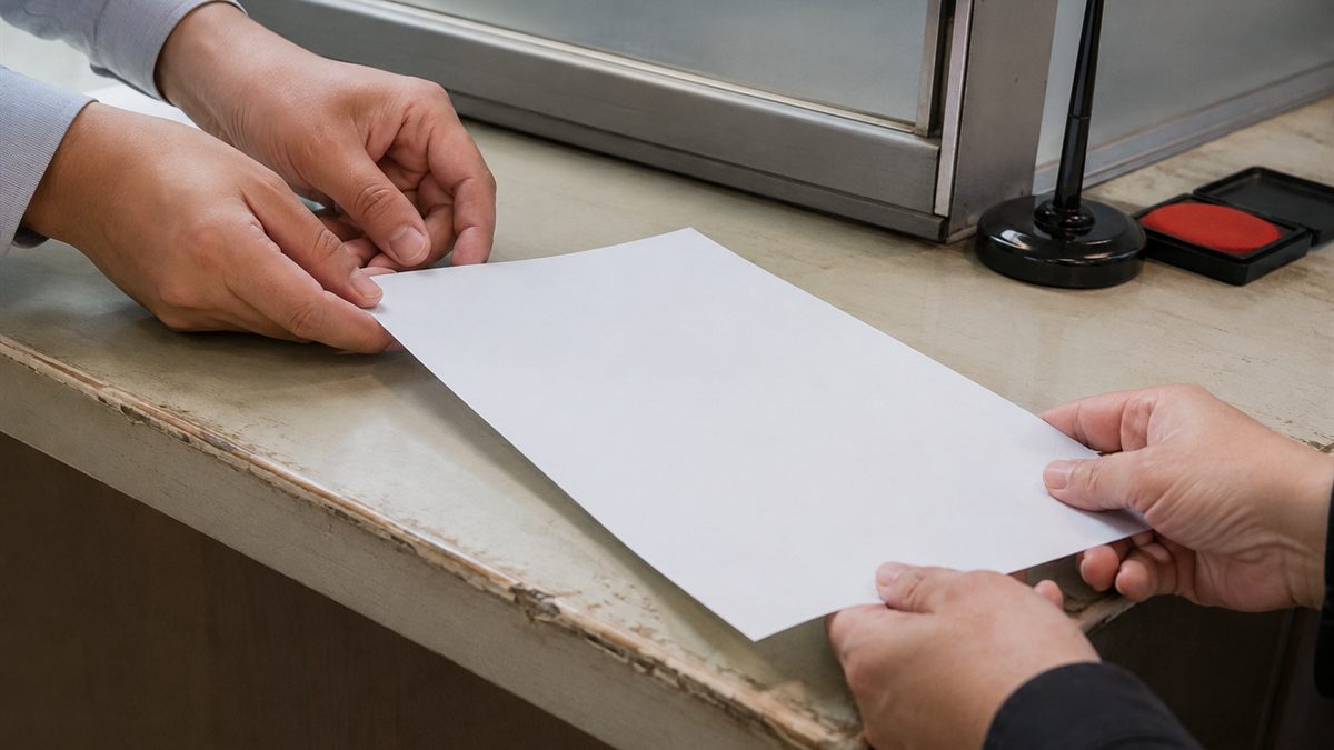 役所のカウンターで書類を差し出す手元