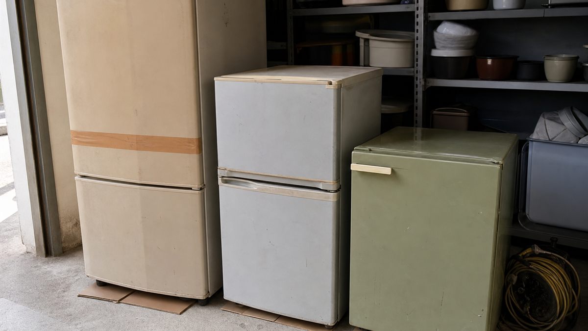 中古品店の店頭に並べられた使用済みの冷蔵庫