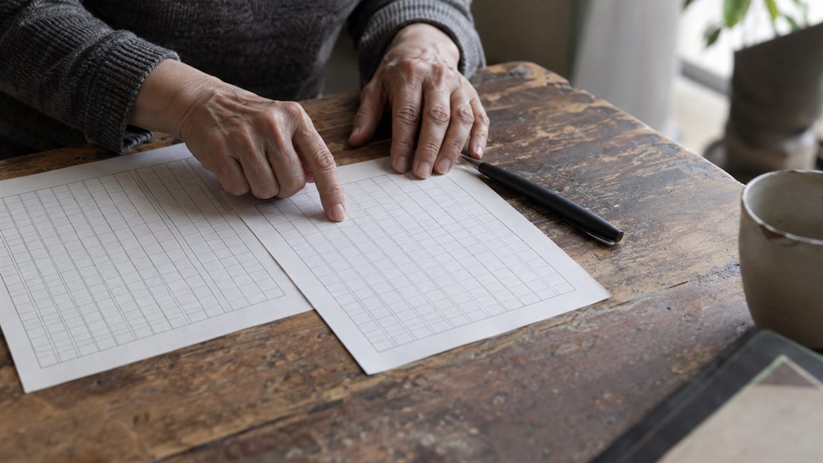 机の上で書類を一枚ずつ見比べている手元