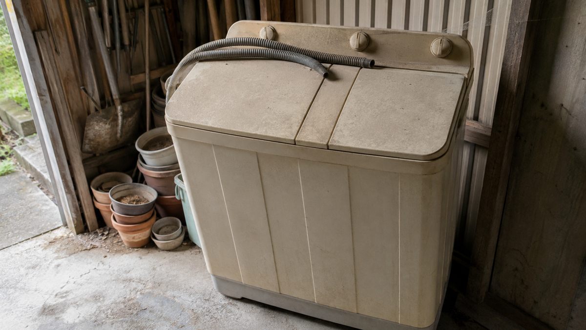 物置の隅に置かれたままの古い2槽式洗濯機