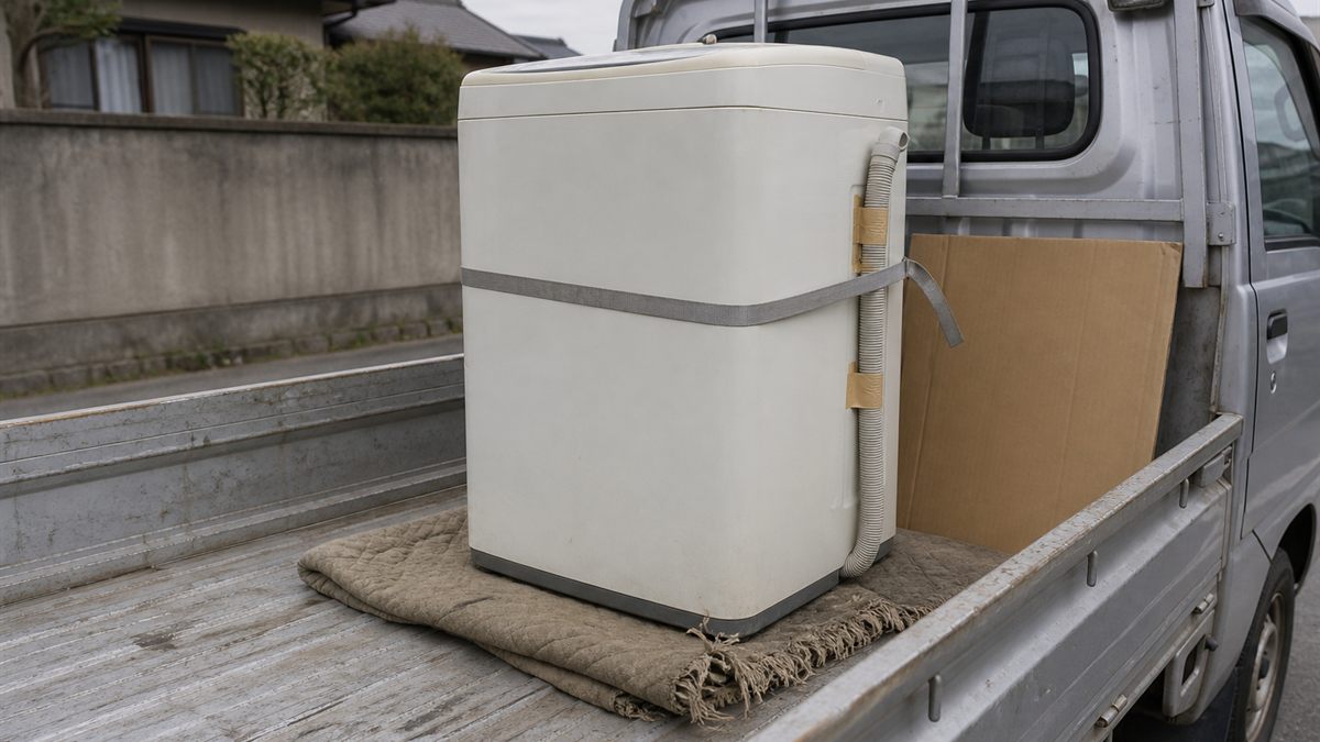 軽トラックの荷台に毛布を敷いて固定した洗濯機