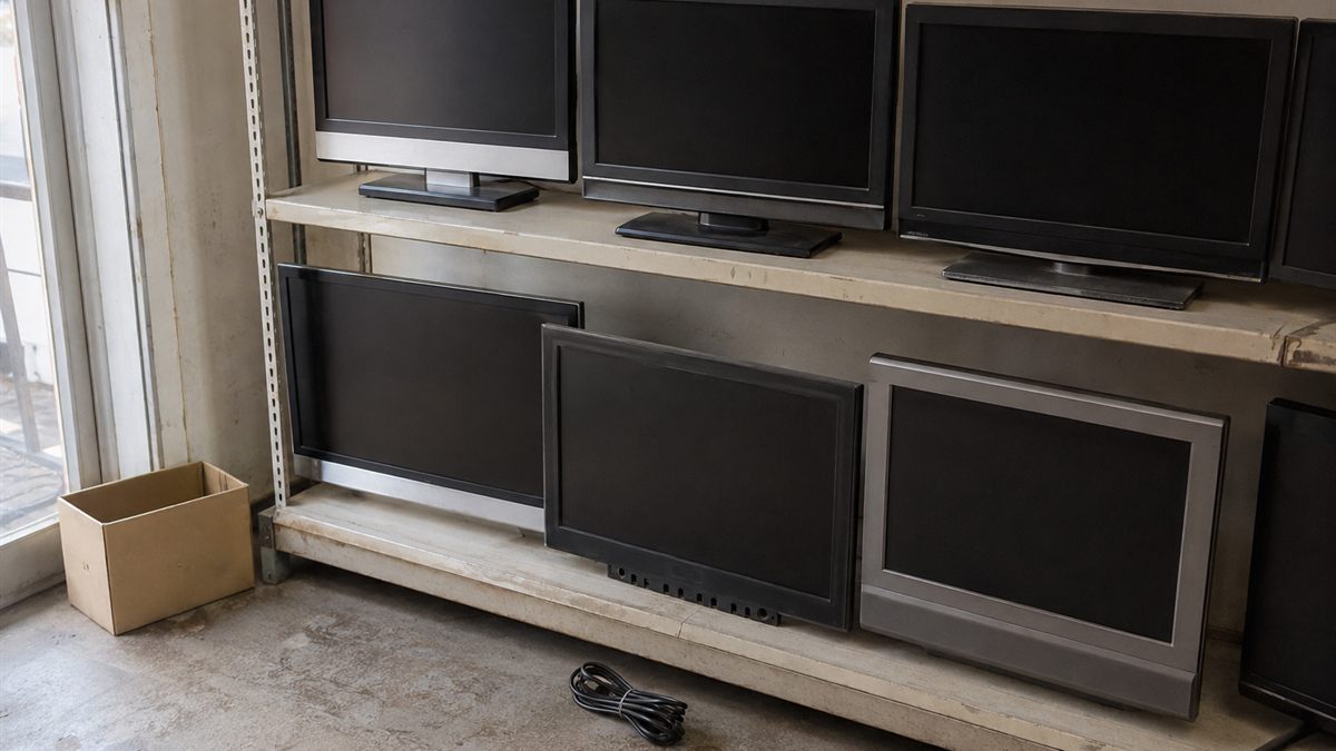 中古品店の店頭に並べられた使用済みのテレビ