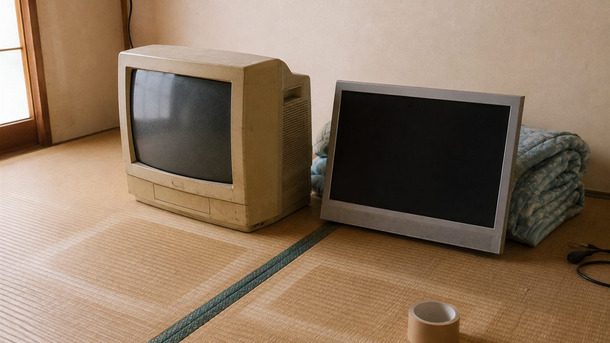和室の畳の上に並べて置かれたブラウン管テレビと薄型テレビ