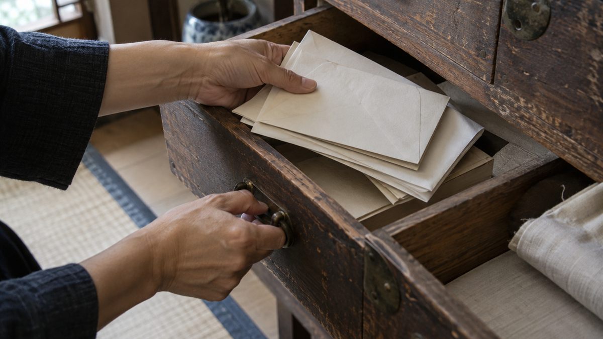 箪笥の引き出しを開けて、封筒や書類の束を確かめている手元