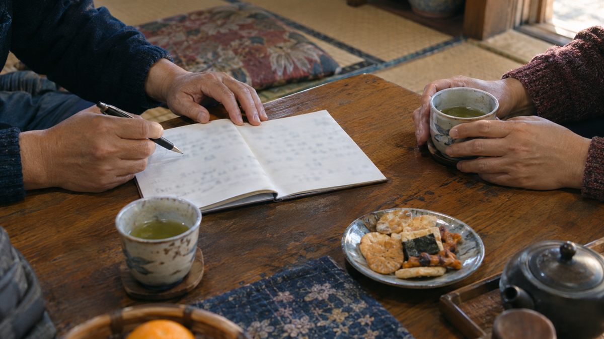 実家の座卓で、湯のみとノートを前に話し合っている手元