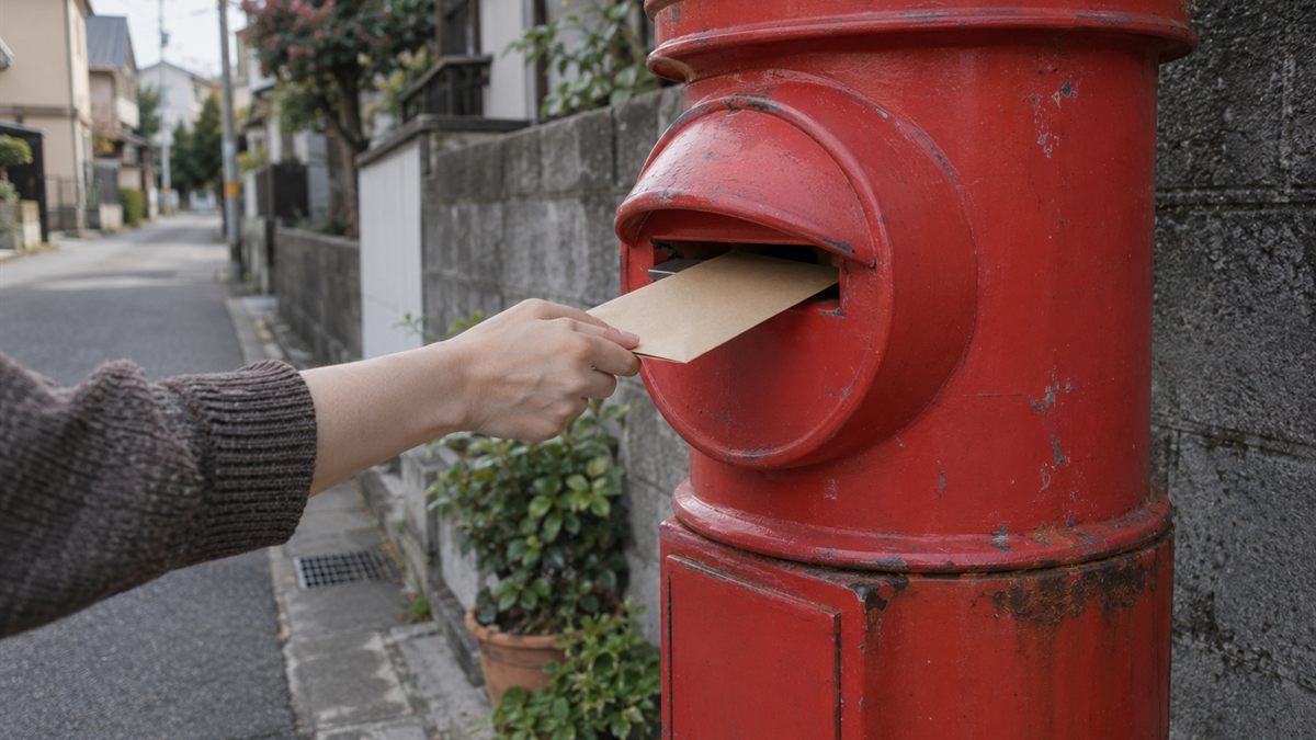 街角の郵便ポストに封筒を投函する手元